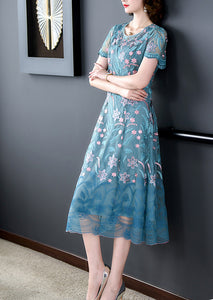 New summer blue embroidered plus-size dress