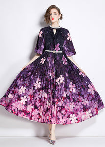 2024 best sale high-end beaded printed pleated pearl button pleated floral dress