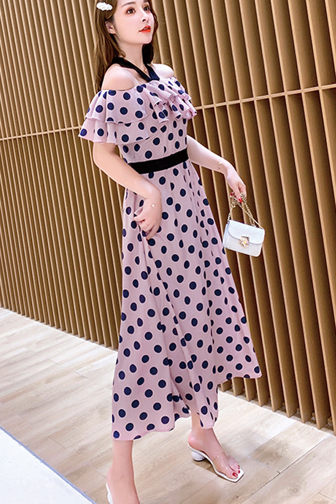 off the shoulder polka dot midi dress Handmade Polka Dot Midi Dress: Off-shoulder Retro A-line, Custom Size