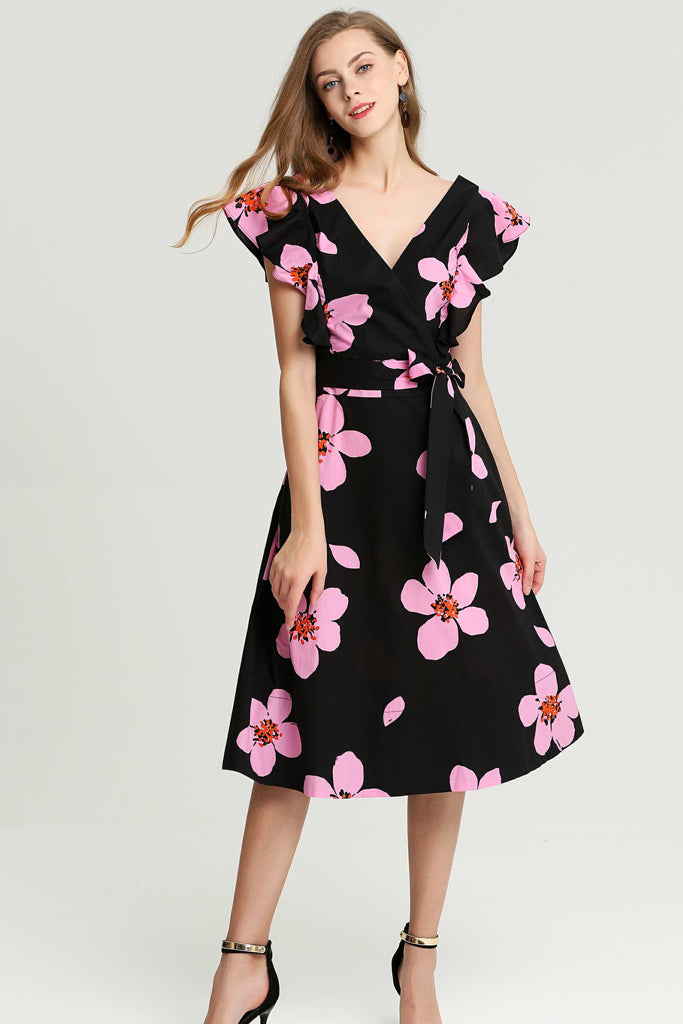 Kate Spade New York Cap Sleeve V-Neck Floral Fit & Flare Dress L / Pink