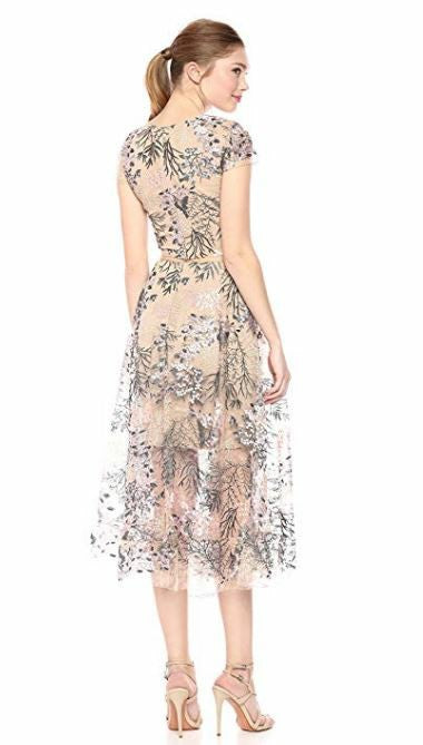 dress the population juliana Dress the Population Audrey Spaghetti Strap Midi A-line 3d Floral Dress in Pink