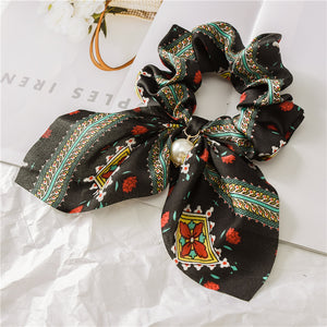 Hair Scrunchies Elastic Hair Bands Hair Scarf Bow with Pearl Pendant Colorful Flower Design