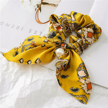 Hair Scrunchies Elastic Hair Bands Hair Scarf Bow with Pearl Pendant Colorful Flower Design