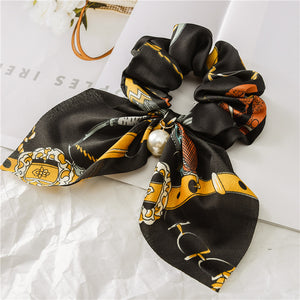 Hair Scrunchies Elastic Hair Bands Hair Scarf Bow with Pearl Pendant Colorful Chain Design