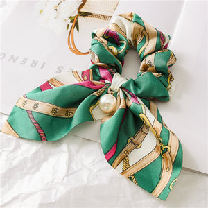 Hair Scrunchies Elastic Hair Bands Hair Scarf Bow with Pearl Pendant Colorful Chain Design