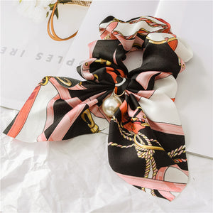 Hair Scrunchies Elastic Hair Bands Hair Scarf Bow with Pearl Pendant Colorful Chain Design