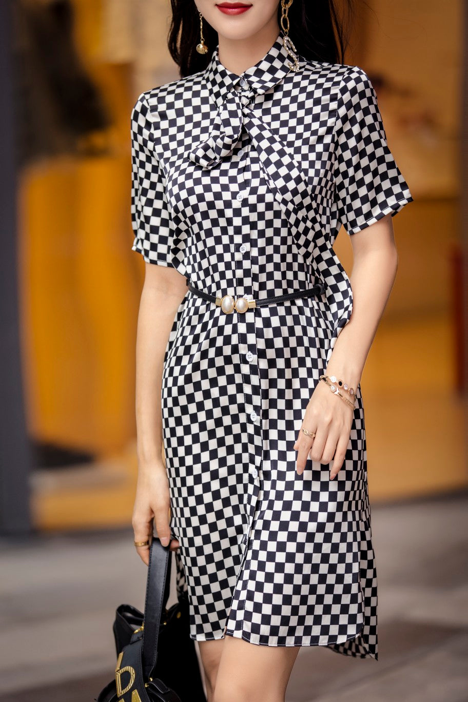 Short Sleeve Elegant Plaid Dress with Belt Vicky and Lucas Short Sleeve Elegant Plaid Dress with Belt Vicky and Lucas