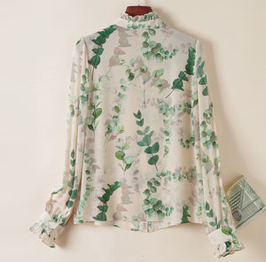 Printed floral mandarin collar long sleeve silk shirt