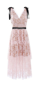 Elegant Floral print Sequin  Lace  Midi  Dress