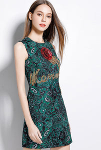 Elegant Round neck Green embroidered A-Line dress