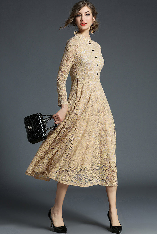 Elegant Long Sleeve Vintage Lace Flared Dress