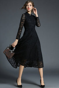 Elegant Long Sleeve Vintage Lace Flared Dress