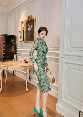 Mesh long-sleeved dress new printed tea  skirt waist V-neck hip dress