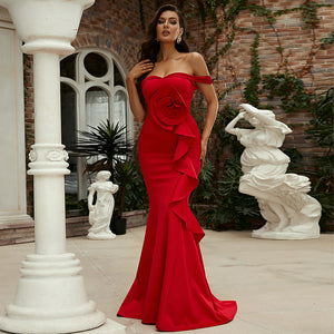 Off Shoulder Ruffled Red Knit Sexy Evening Dress