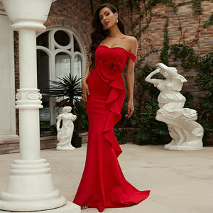 Off Shoulder Ruffled Red Knit Sexy Evening Dress