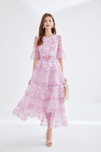 European and American high-end printed trumpet sleeves 5-layer cake dress