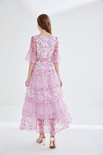 European and American high-end printed trumpet sleeves 5-layer cake dress