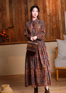 women's fashionable printed lapel long dress