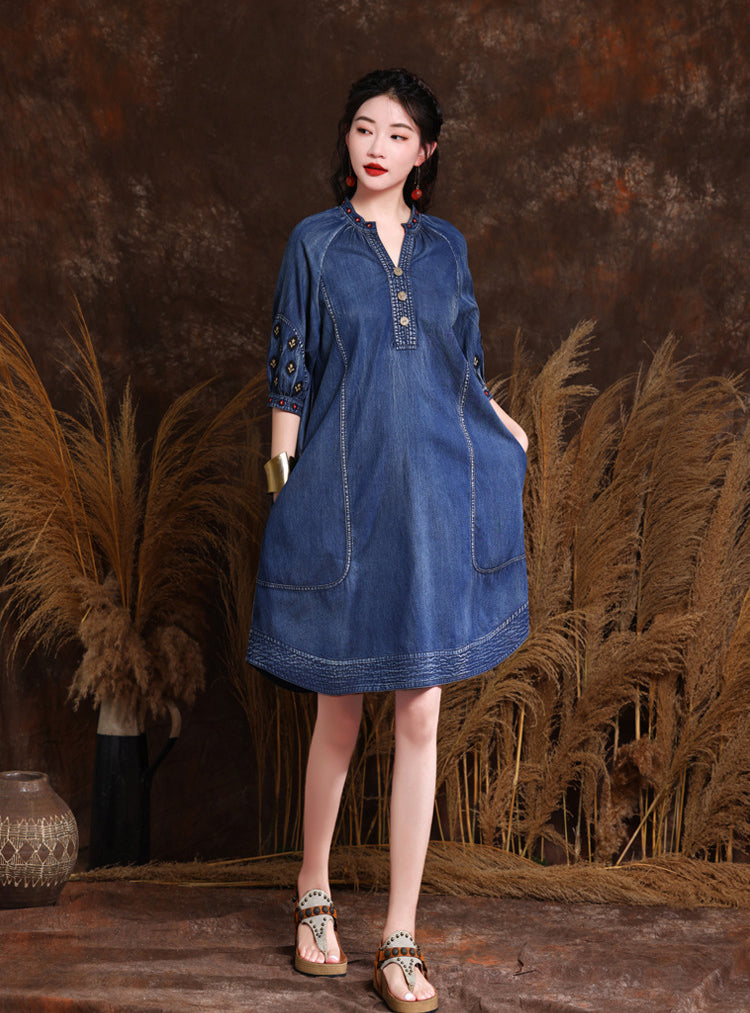 Autumn Denim Embroidery V Neck Women Dresses