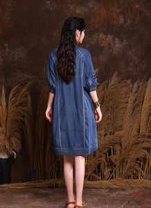 Autumn Denim Embroidery V Neck Women Dresses