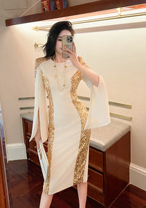 Gold Sequins Elegant White Evening Birthday Prom Midi Dress