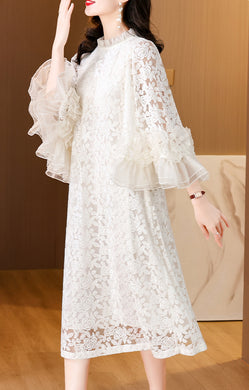 Round neck lace jacquard custom beaded trumpet sleeve dress for women
