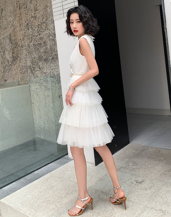 Ladies sexy V-neck design layered Tulle white dress – Vicky