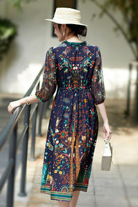 Elegant Floral Pattern 3/4 Sleeve V-Neck Midi Silk Dress