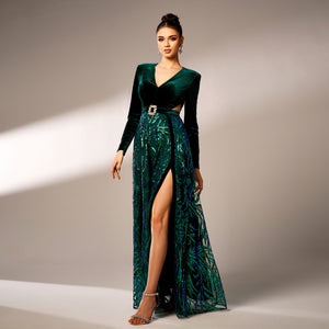 High slit sequin long sleeve maxi dress