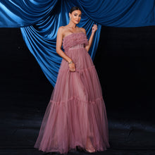 Off Shoulder Backless Tulle Evening Pink Dress