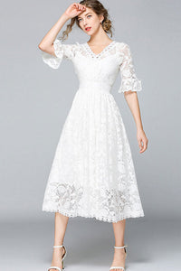 Half Ruffle Sleeve Hollow Out Lace Dress - S in Clearance