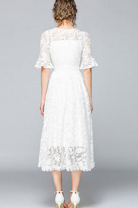 Half Ruffle Sleeve Hollow Out Lace Dress - S in Clearance