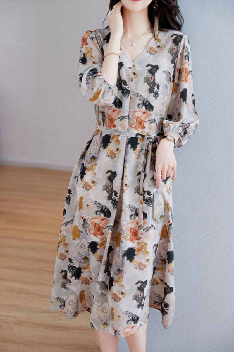 100% silk Fashion design v neck multi color floral print long sleeve A-line dresses