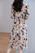 100% silk Fashion design v neck multi color floral print long sleeve A-line dresses