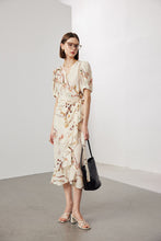 Vintage Elegant Floral Printing Pleated Silk V-Neck Dress