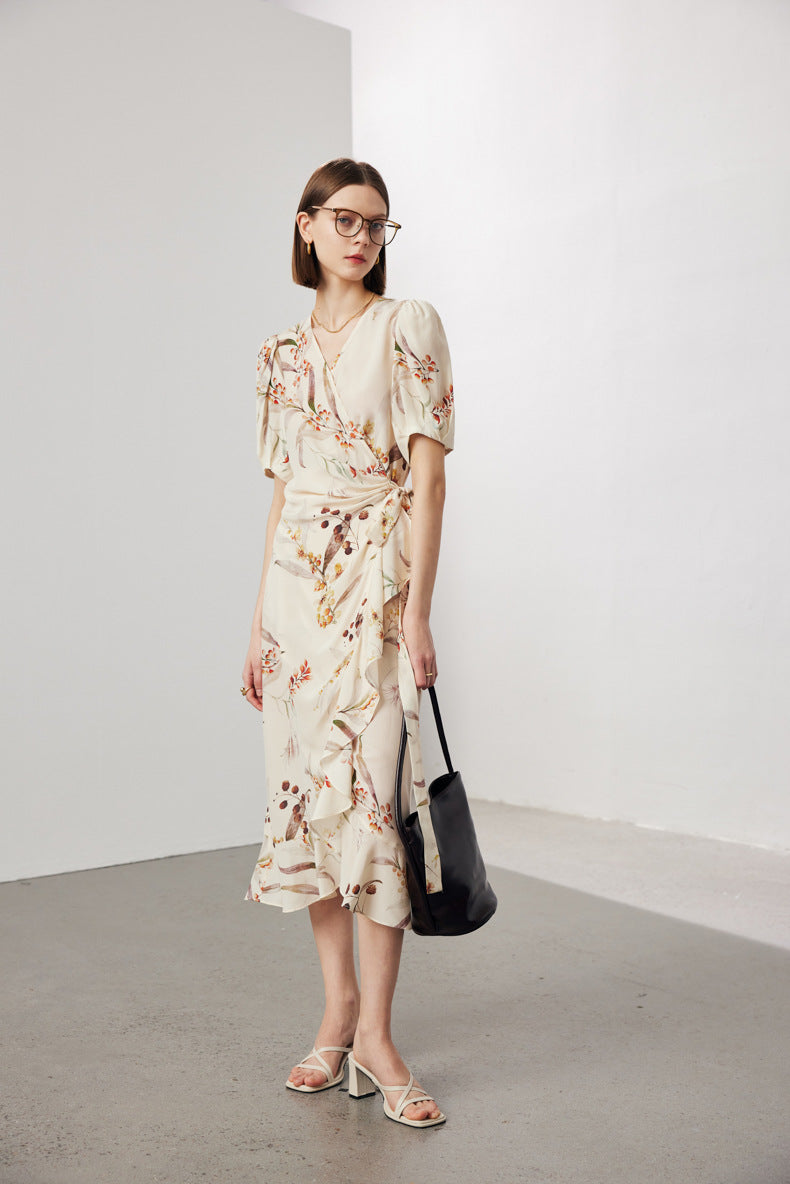 Vintage Elegant Floral Printing Pleated Silk V-Neck Dress
