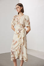 Vintage Elegant Floral Printing Pleated Silk V-Neck Dress