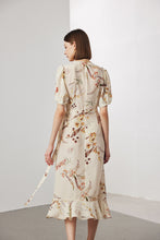 Vintage Elegant Floral Printing Pleated Silk V-Neck Dress