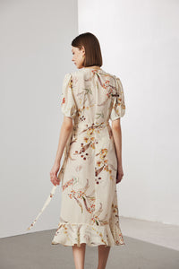 Vintage Elegant Floral Printing Pleated Silk V-Neck Dress