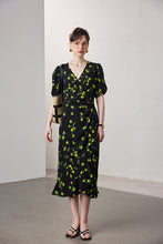 Vintage Elegant Floral Printing Pleated Silk V-Neck Dress