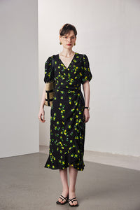 Vintage Elegant Floral Printing Pleated Silk V-Neck Dress