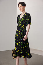 Vintage Elegant Floral Printing Pleated Silk V-Neck Dress