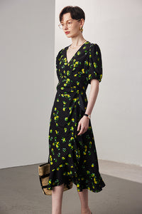 Vintage Elegant Floral Printing Pleated Silk V-Neck Dress