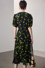 Vintage Elegant Floral Printing Pleated Silk V-Neck Dress