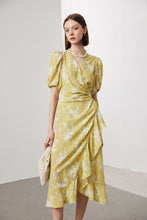 Vintage Elegant Floral Printing Pleated Silk V-Neck Dress