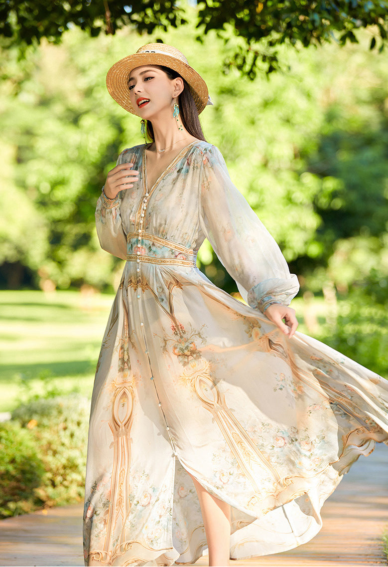 Lantern Sleeve V Neck Printed Long Silk Dress