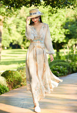 Lantern Sleeve V Neck Printed Long Silk Dress