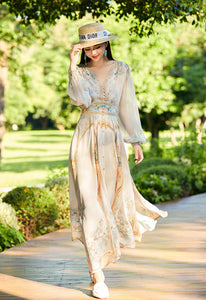 Lantern Sleeve V Neck Printed Long Silk Dress