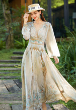 Lantern Sleeve V Neck Printed Long Silk Dress
