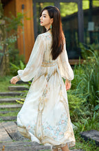 Lantern Sleeve V Neck Printed Long Silk Dress